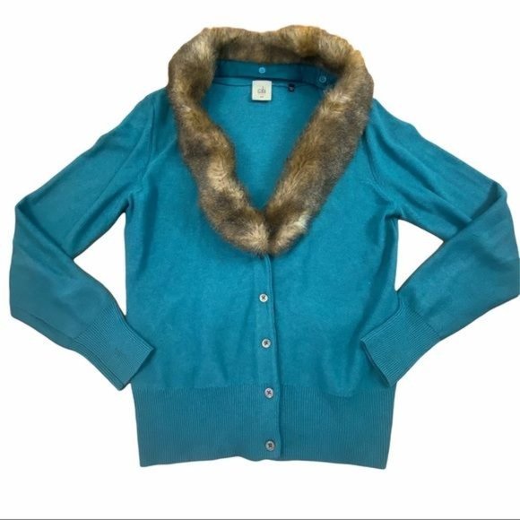 CAbi Tearoom Cardigan w/faux fur collar removable Medium Teal Green EUC - Picture 14 of 14